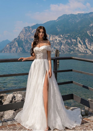 Beaded Ivory Lace Tulle Off Shoulder Slit Wedding Dress Beaded Ivory Lace Tulle Off Shoulder Slit Wedding Dress